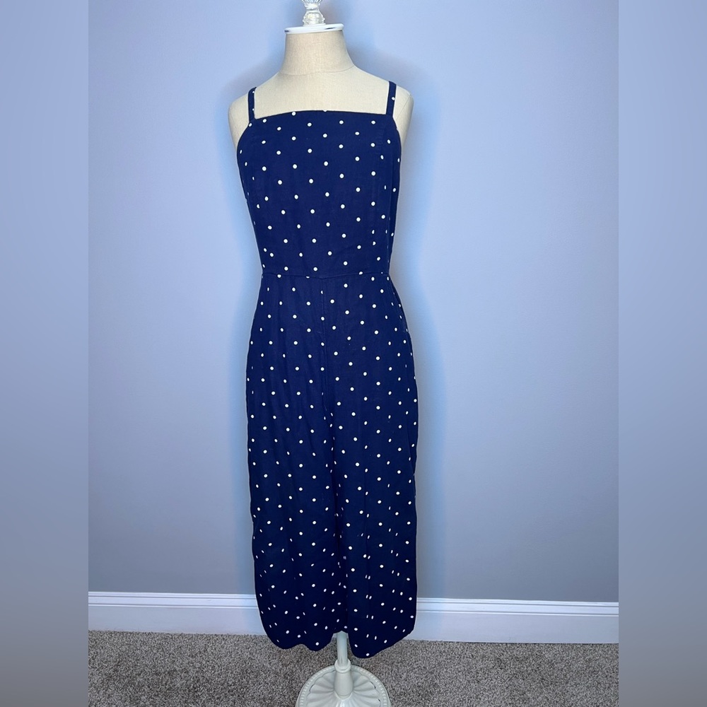 Blue and white polkadot linen blend romper